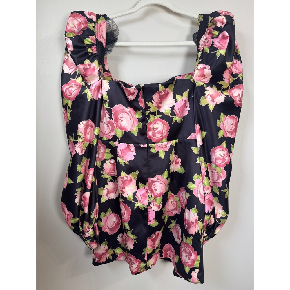 House of CB Black Pink Floral Satin Puff Sleeve Mini Dress Size L Rose Print - Picture 7 of 10